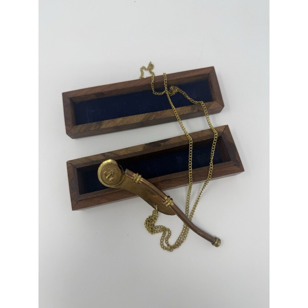 British Royal Navy WWII Bosun's Whistle Brass w/ Chain in Wooden Anchor Box